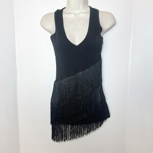 Y2K Cache Black Sparkly Fringe Asymmetric Tank Top Small Glitter Concert Country